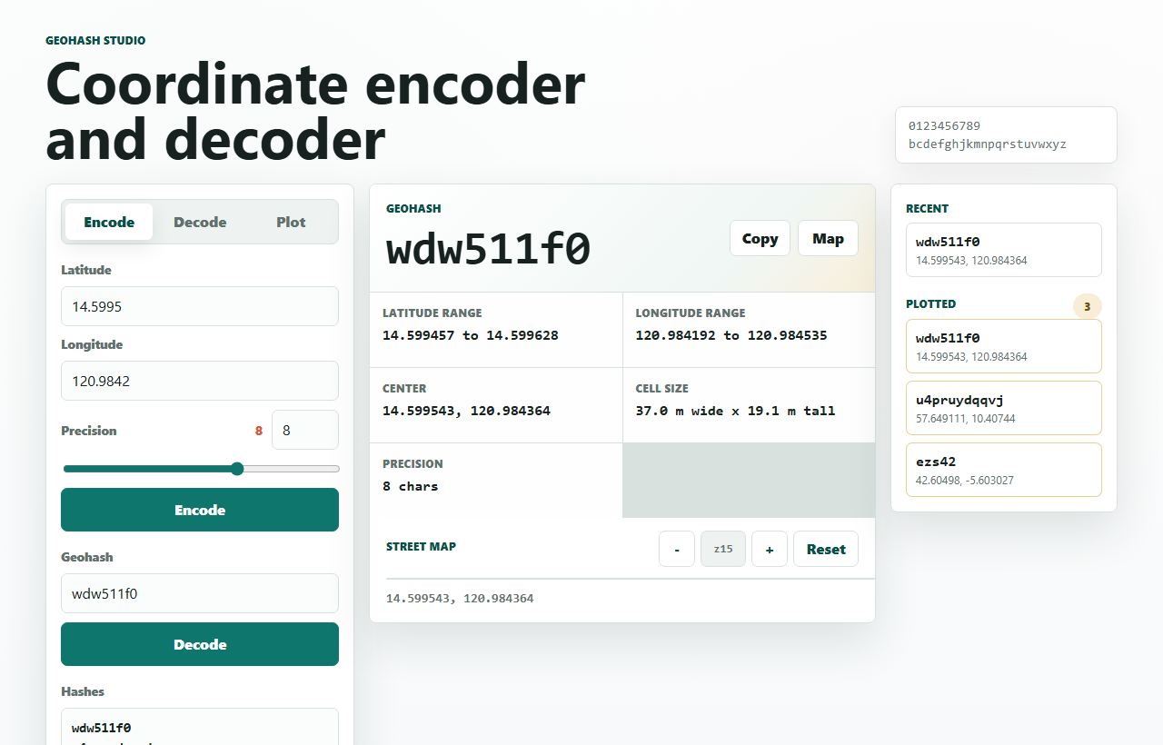 Geohash Studio coordinate encoder and decoder screenshot