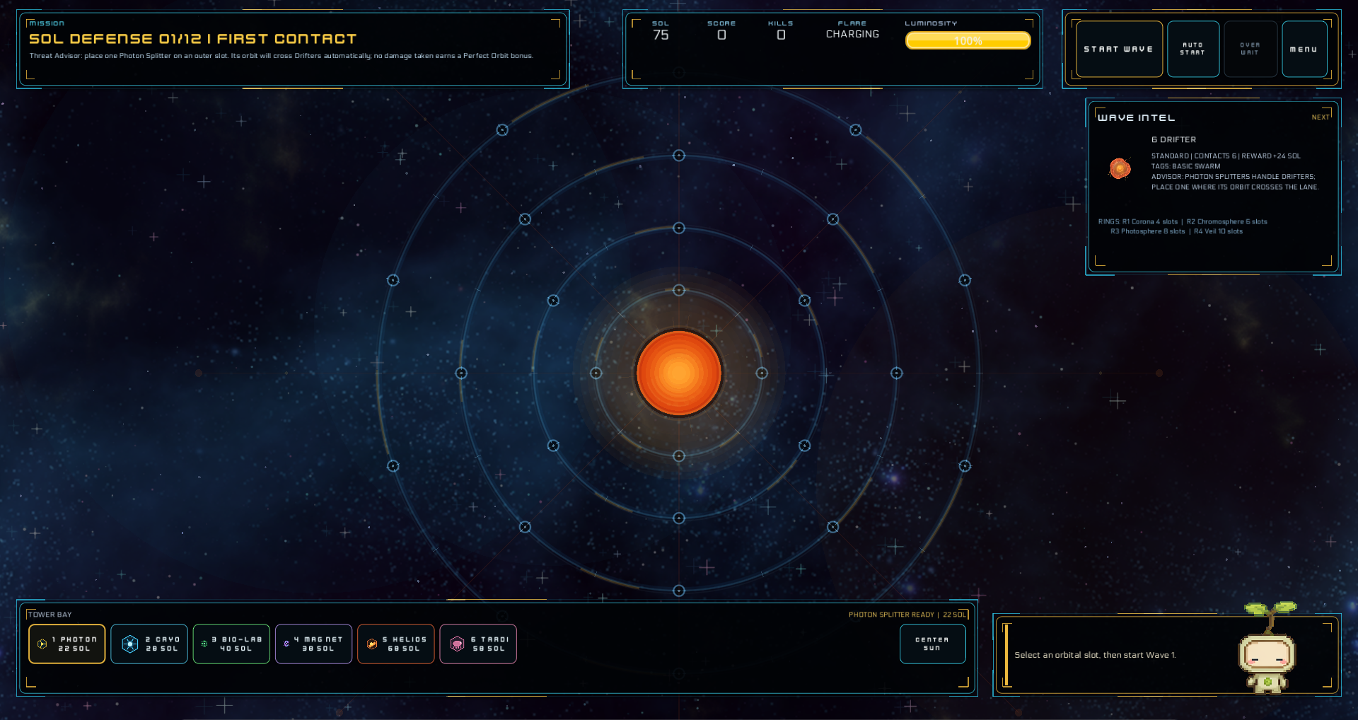 Perk the Star live orbital-defense gameplay with mission HUD and tower tray